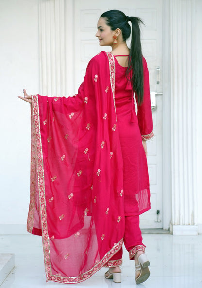 Designer Vichitra Silk Suit with Sequin Embroidery Drape Dress