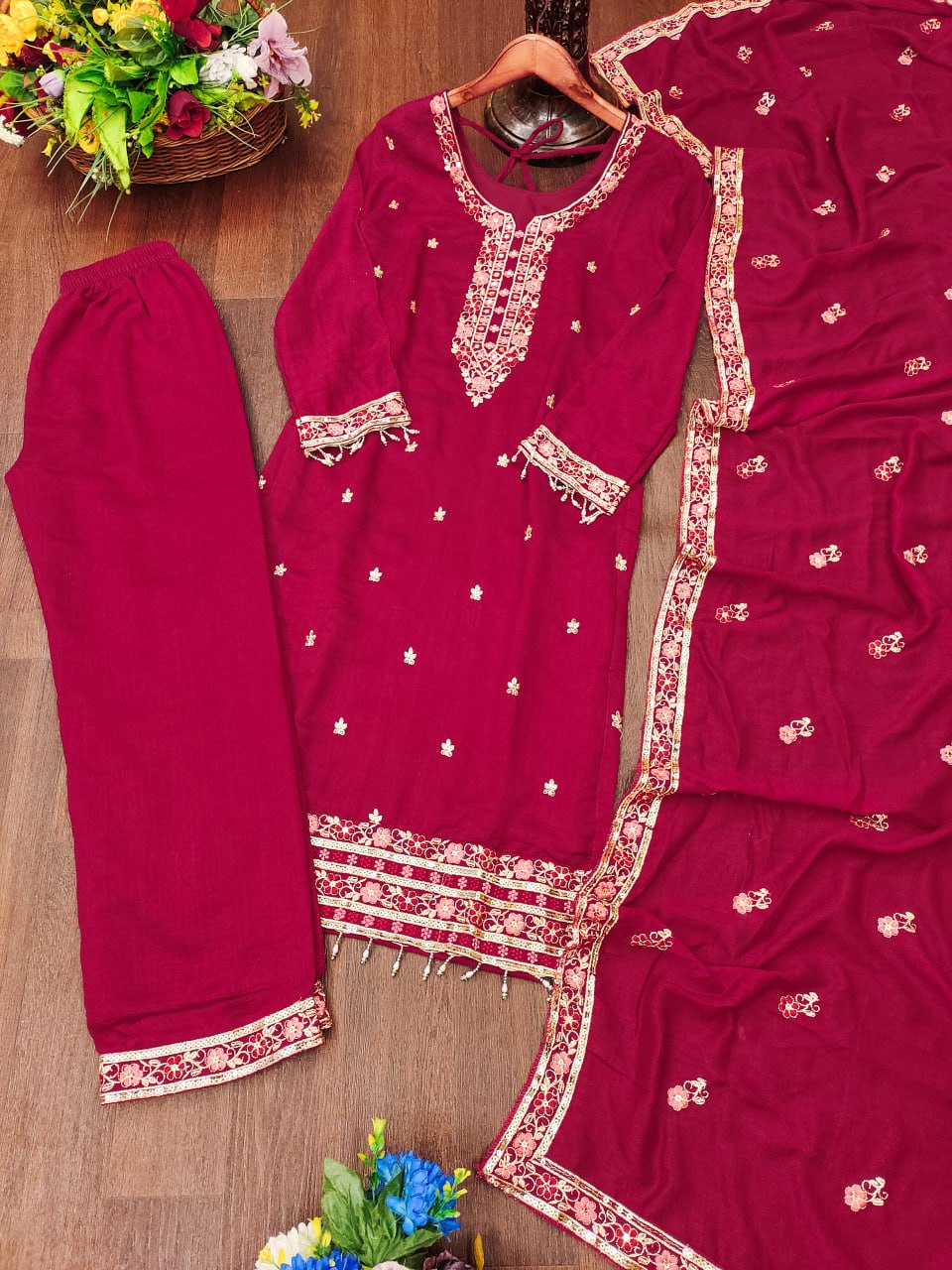 Designer Vichitra Silk Suit with Sequin Embroidery Drape Dress
