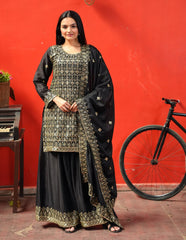 Chinon Sequin-Embroidered Designer Sharara Suit | Festive Wear Drape Dress