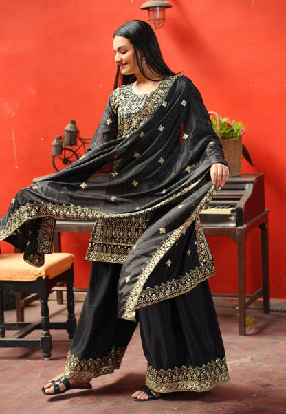 Chinon Sequin-Embroidered Designer Sharara Suit | Festive Wear Drape Dress