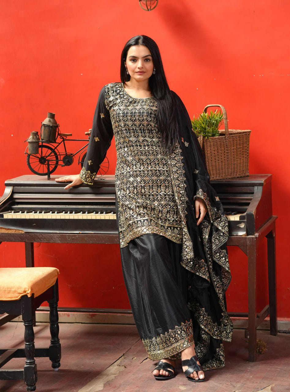 Chinon Sequin-Embroidered Designer Sharara Suit | Festive Wear Drape Dress