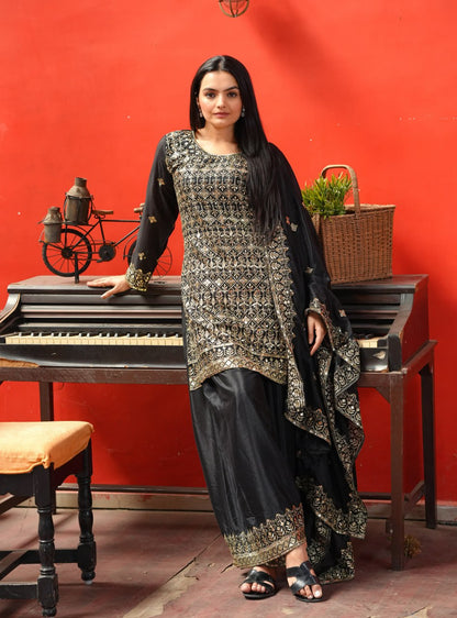 Chinon Sequin-Embroidered Designer Sharara Suit | Festive Wear Drape Dress