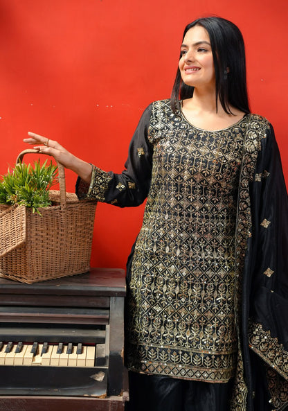 Chinon Sequin-Embroidered Designer Sharara Suit | Festive Wear Drape Dress