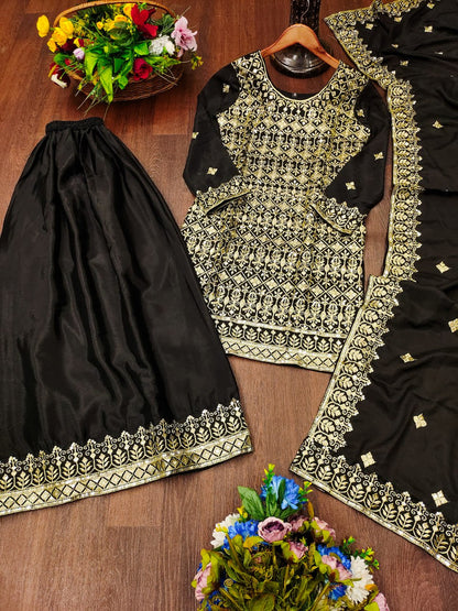 Chinon Sequin-Embroidered Designer Sharara Suit | Festive Wear Drape Dress