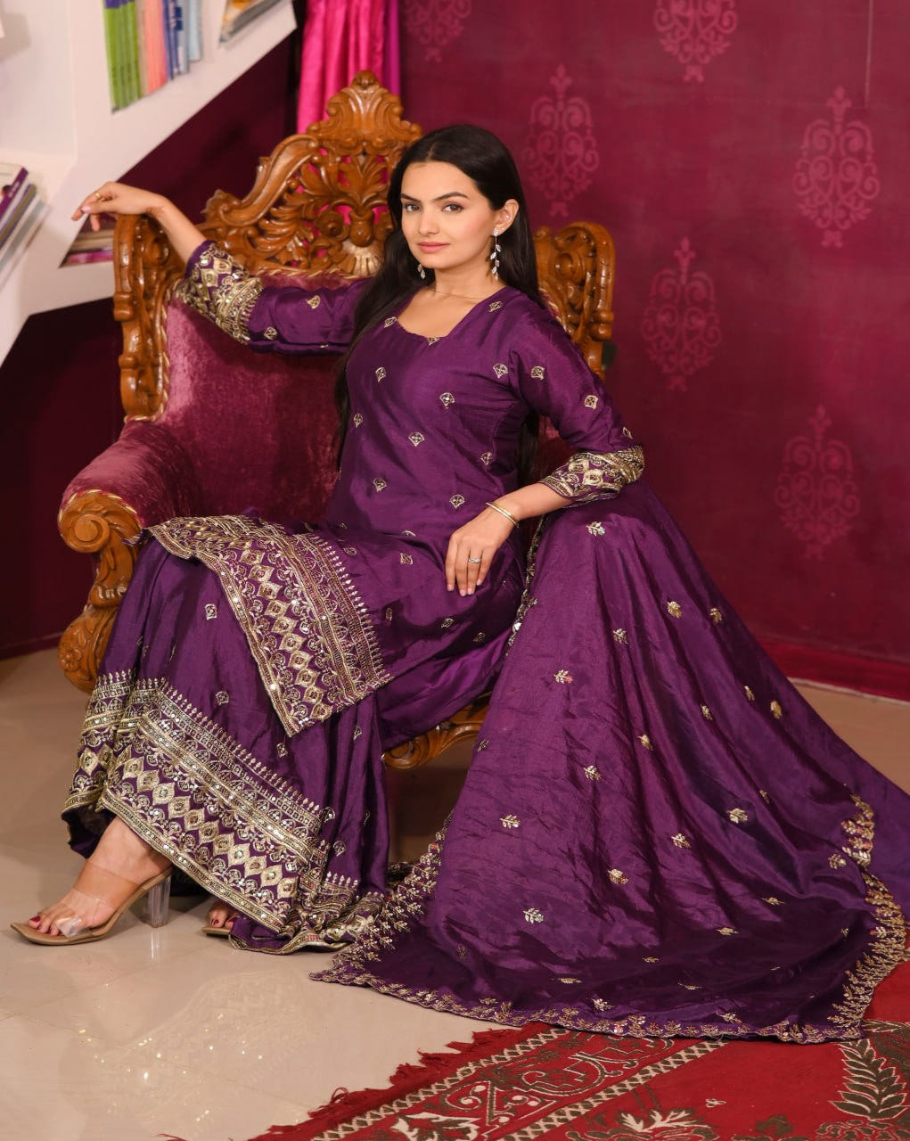 Designer Chinon Sequin-Embroidered Suit Set | Festive Party Wear Drape Dress