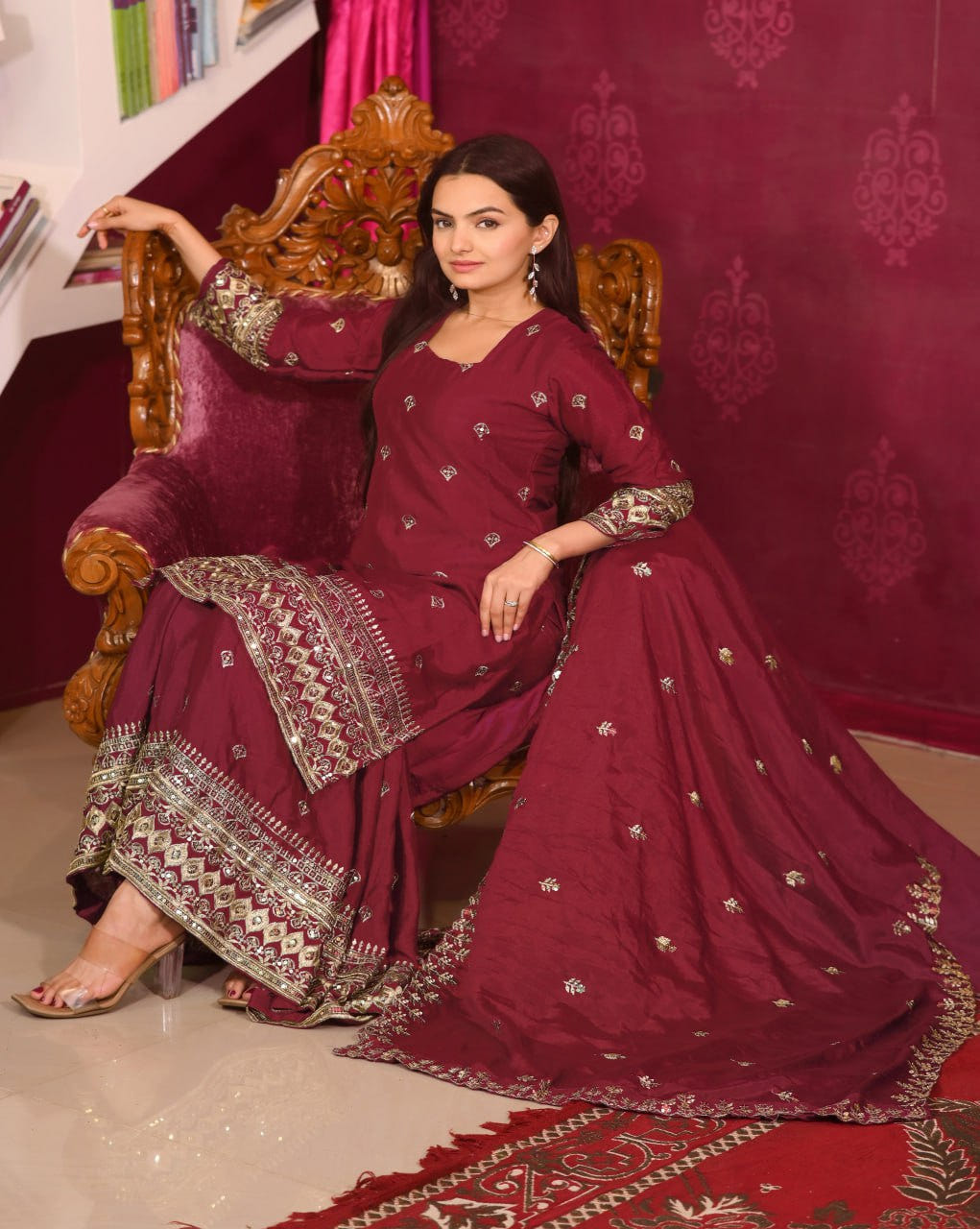 Designer Chinon Sequin-Embroidered Suit Set | Festive Party Wear Drape Dress