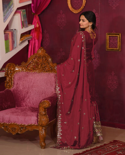 Designer Chinon Sequin-Embroidered Suit Set | Festive Party Wear Drape Dress
