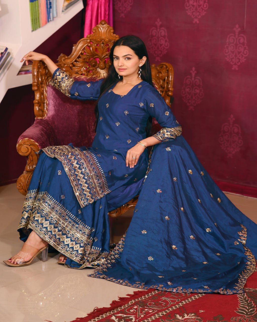 Designer Chinon Sequin-Embroidered Suit Set | Festive Party Wear Drape Dress