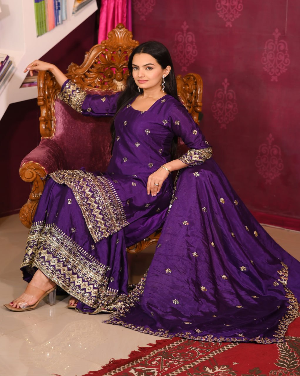 Designer Chinon Sequin-Embroidered Suit Set | Festive Party Wear Drape Dress