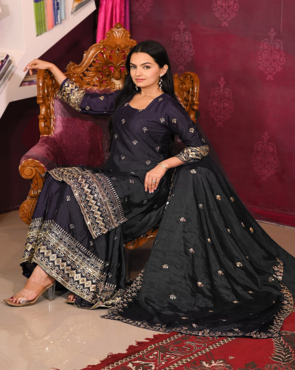 Designer Chinon Sequin-Embroidered Suit Set | Festive Party Wear Drape Dress