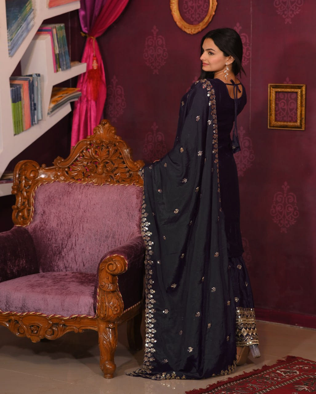 Designer Chinon Sequin-Embroidered Suit Set | Festive Party Wear Drape Dress