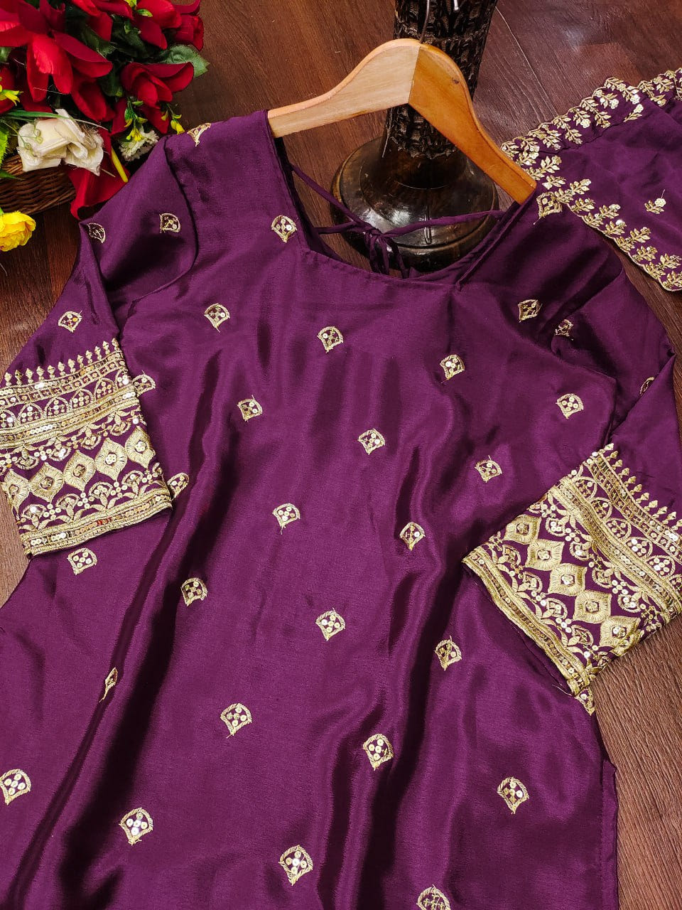 Designer Chinon Sequin-Embroidered Suit Set | Festive Party Wear Drape Dress