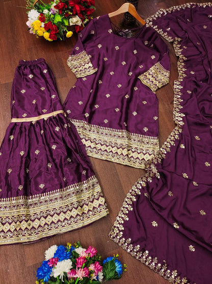 Designer Chinon Sequin-Embroidered Suit Set | Festive Party Wear Drape Dress