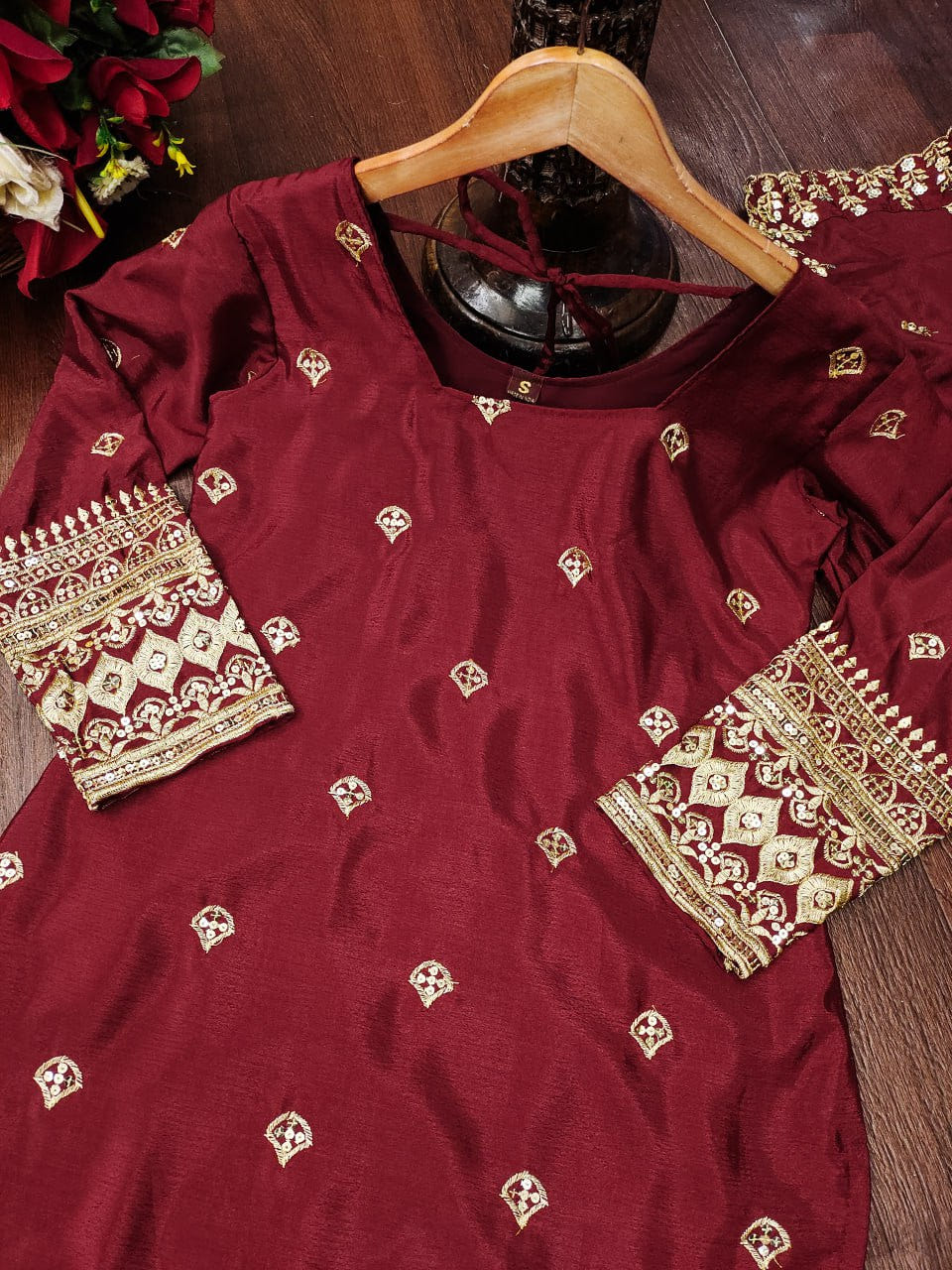 Designer Chinon Sequin-Embroidered Suit Set | Festive Party Wear Drape Dress