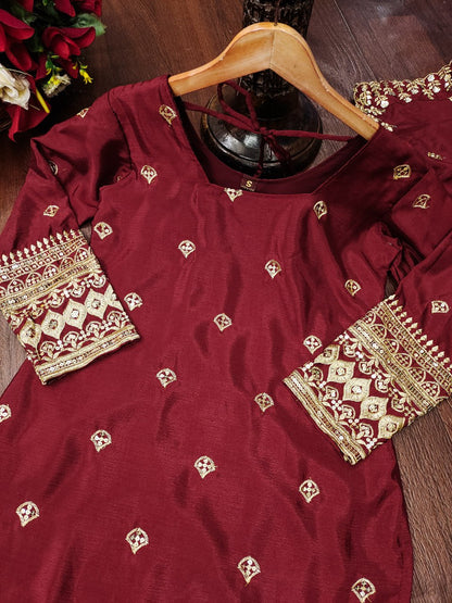 Designer Chinon Sequin-Embroidered Suit Set | Festive Party Wear Drape Dress