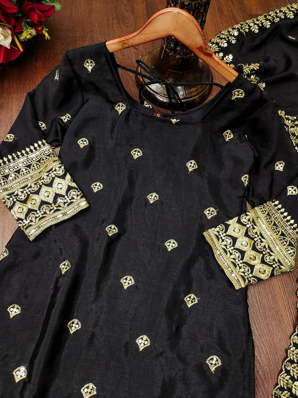 Designer Chinon Sequin-Embroidered Suit Set | Festive Party Wear Drape Dress