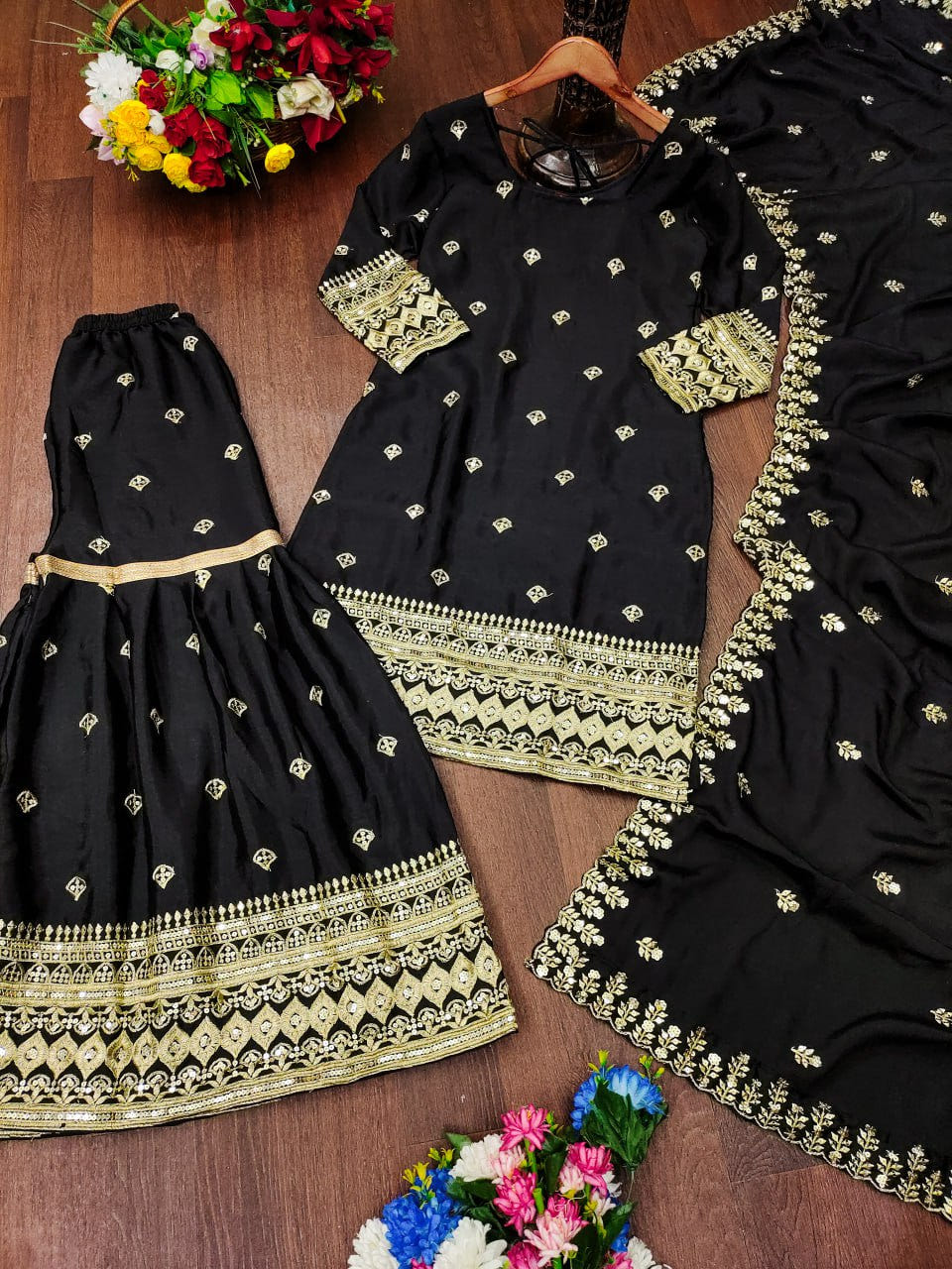 Designer Chinon Sequin-Embroidered Suit Set | Festive Party Wear Drape Dress