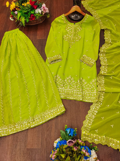 Designer Georgette Sharara Suit with Sequin Embroidery | Festive Wear Ensemble Drape Dress