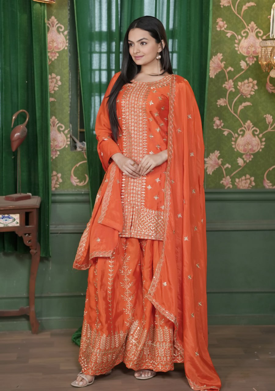 Chinon Sequin-Embroidered Sharara Suit | Designer Festive Wear Drape Dress