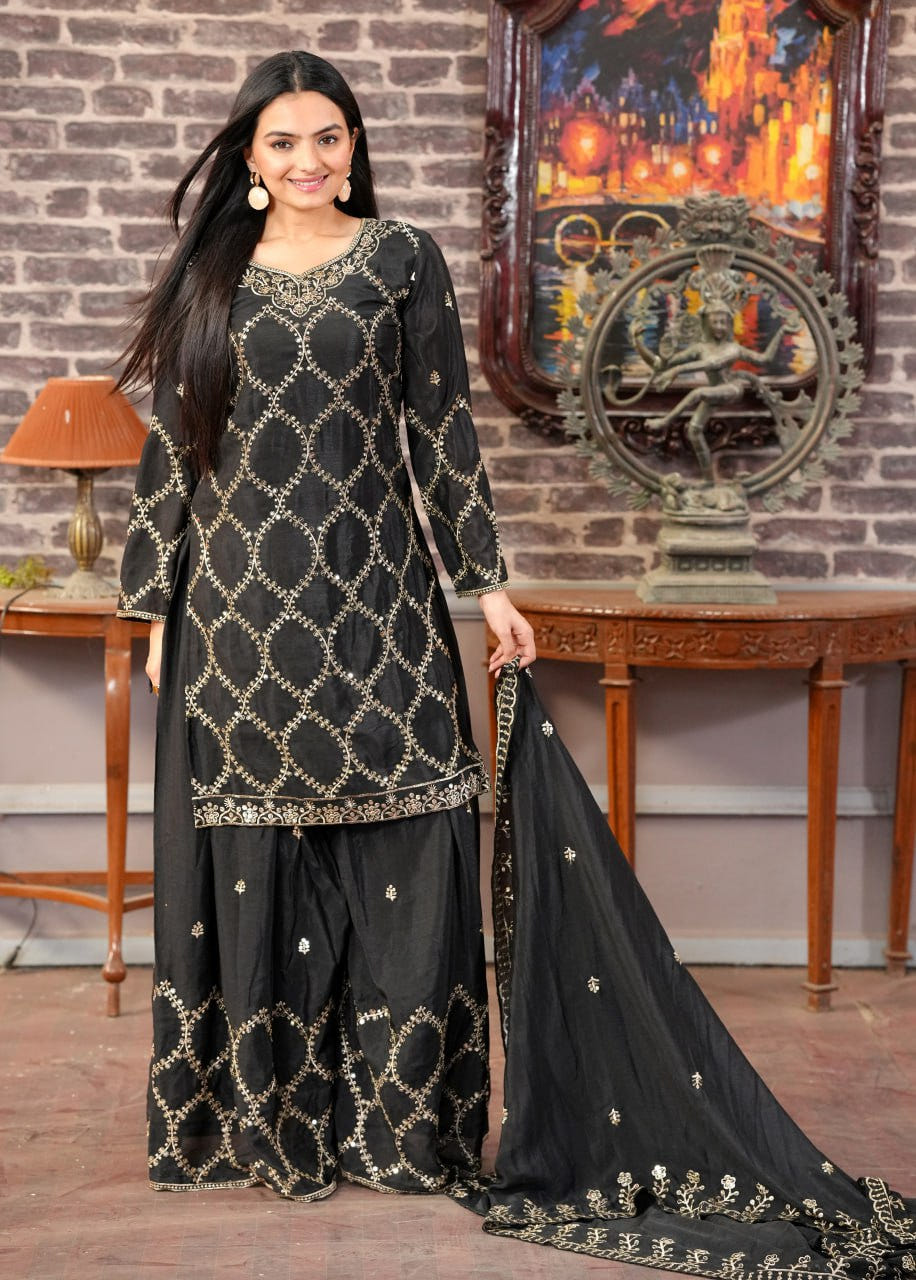 Designer Chinon Sharara Suit with Sequin Sequence Embroidery | Festive Wear Drape Dress