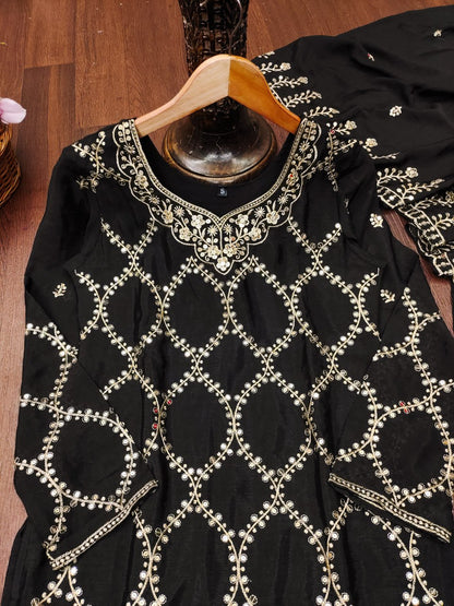 Designer Chinon Sharara Suit with Sequin Sequence Embroidery | Festive Wear Drape Dress