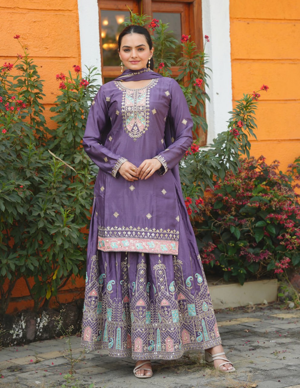 Designer Chinon Sequin-Embroidered Sharara Suit Set – Festive Wear Drape Dress