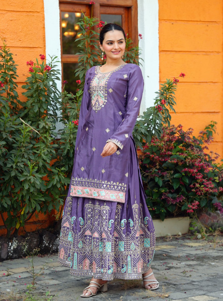 Designer Chinon Sequin-Embroidered Sharara Suit Set – Festive Wear Drape Dress