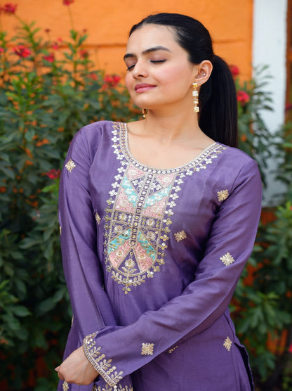 Designer Chinon Sequin-Embroidered Sharara Suit Set – Festive Wear Drape Dress