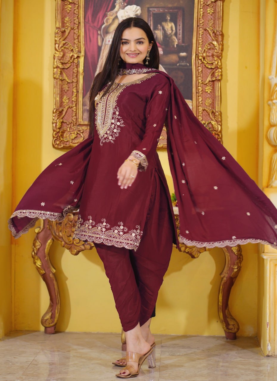 Designer Chinon Dhoti Suit with Sequin Embroidery Drape Dress