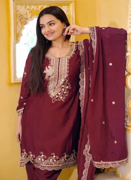Designer Chinon Dhoti Suit with Sequin Embroidery Drape Dress