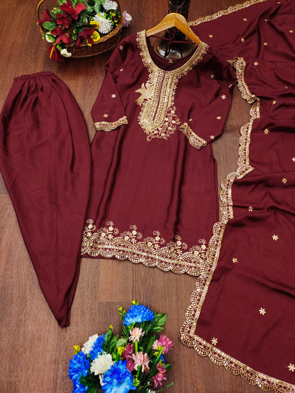 Designer Chinon Dhoti Suit with Sequin Embroidery Drape Dress