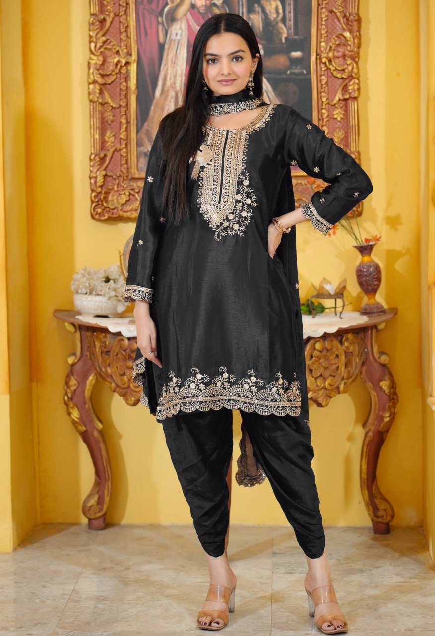 Designer Chinon Dhoti Suit with Sequin Embroidery Drape Dress