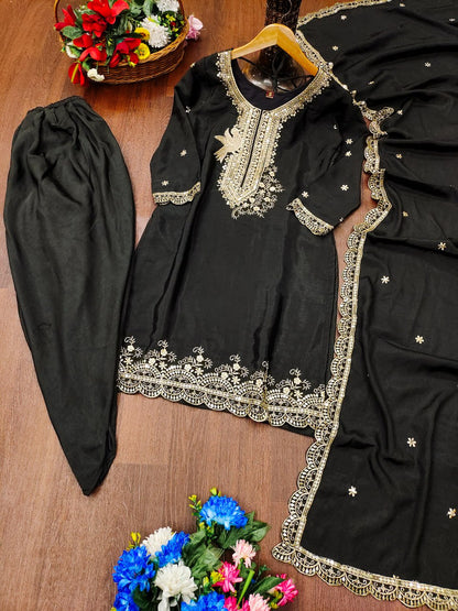 Designer Chinon Dhoti Suit with Sequin Embroidery Drape Dress