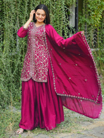 Chinon Designer Sharara Suit with Sequin Embroidery Drape Dress