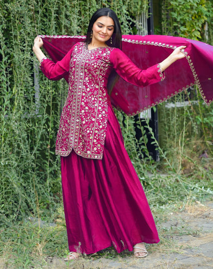 Chinon Designer Sharara Suit with Sequin Embroidery Drape Dress