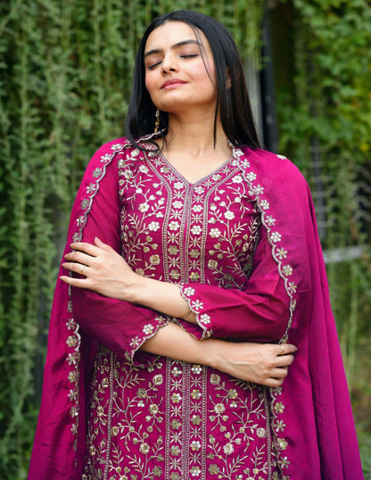Chinon Designer Sharara Suit with Sequin Embroidery Drape Dress