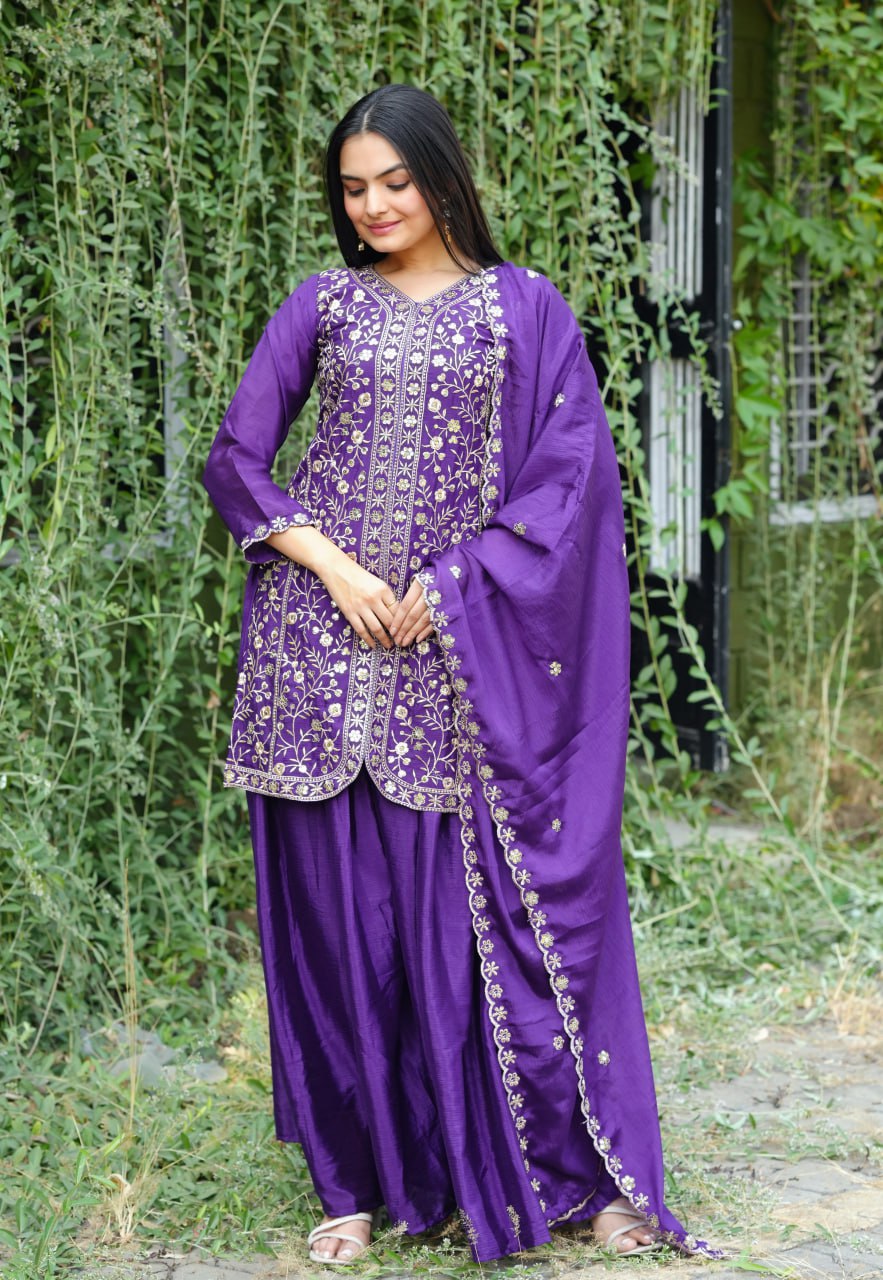 Chinon Designer Sharara Suit with Sequin Embroidery Drape Dress