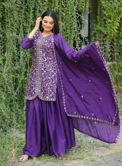 Chinon Designer Sharara Suit with Sequin Embroidery Drape Dress