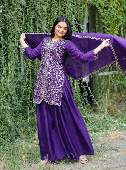 Chinon Designer Sharara Suit with Sequin Embroidery Drape Dress