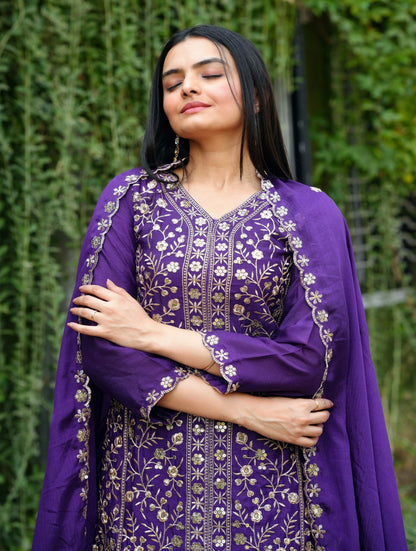 Chinon Designer Sharara Suit with Sequin Embroidery Drape Dress
