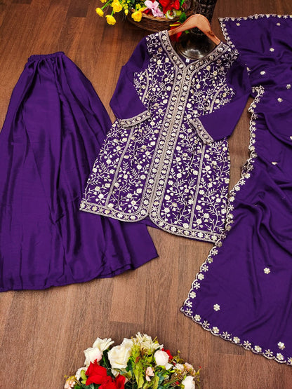 Chinon Designer Sharara Suit with Sequin Embroidery Drape Dress