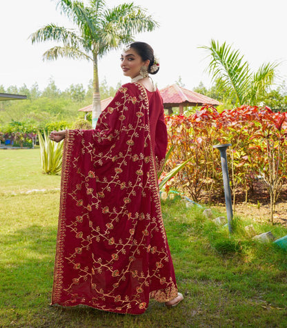 Designer Chinon Embroidered Suit Set | Festive Ethnic Wear Drape Dress