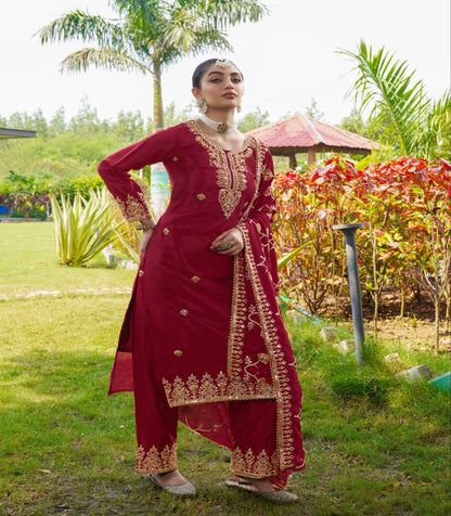 Designer Chinon Embroidered Suit Set | Festive Ethnic Wear Drape Dress