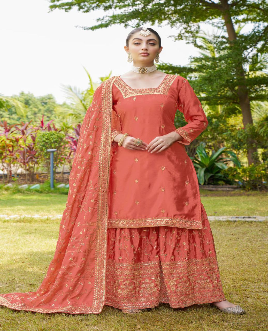 Designer Chinon Embroidered Suit Set | Festive Ethnic Wear Drape Dress