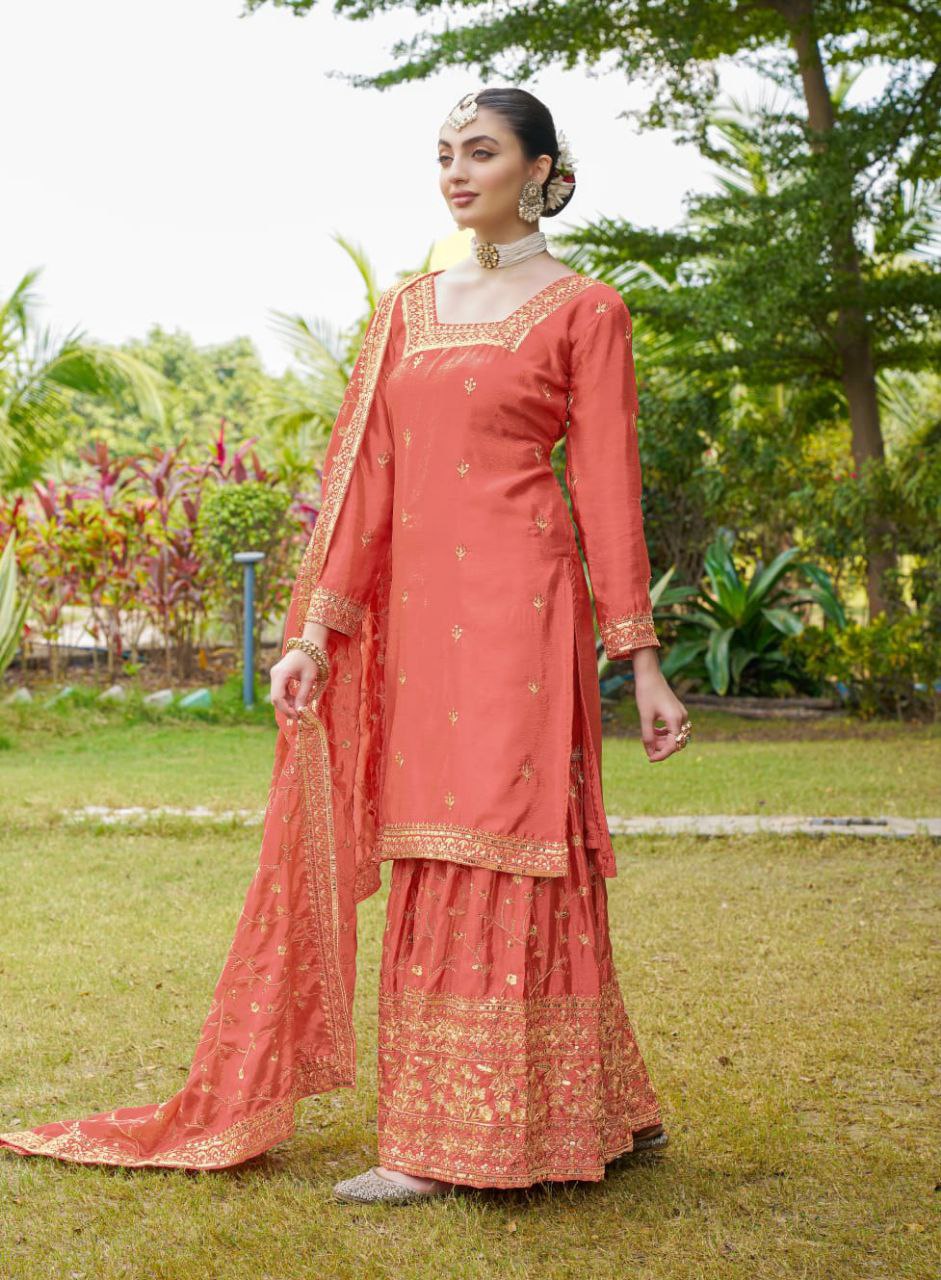 Designer Chinon Embroidered Suit Set | Festive Ethnic Wear Drape Dress
