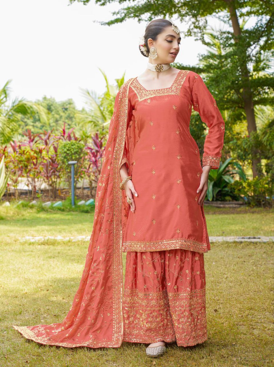 Designer Chinon Embroidered Suit Set | Festive Ethnic Wear Drape Dress
