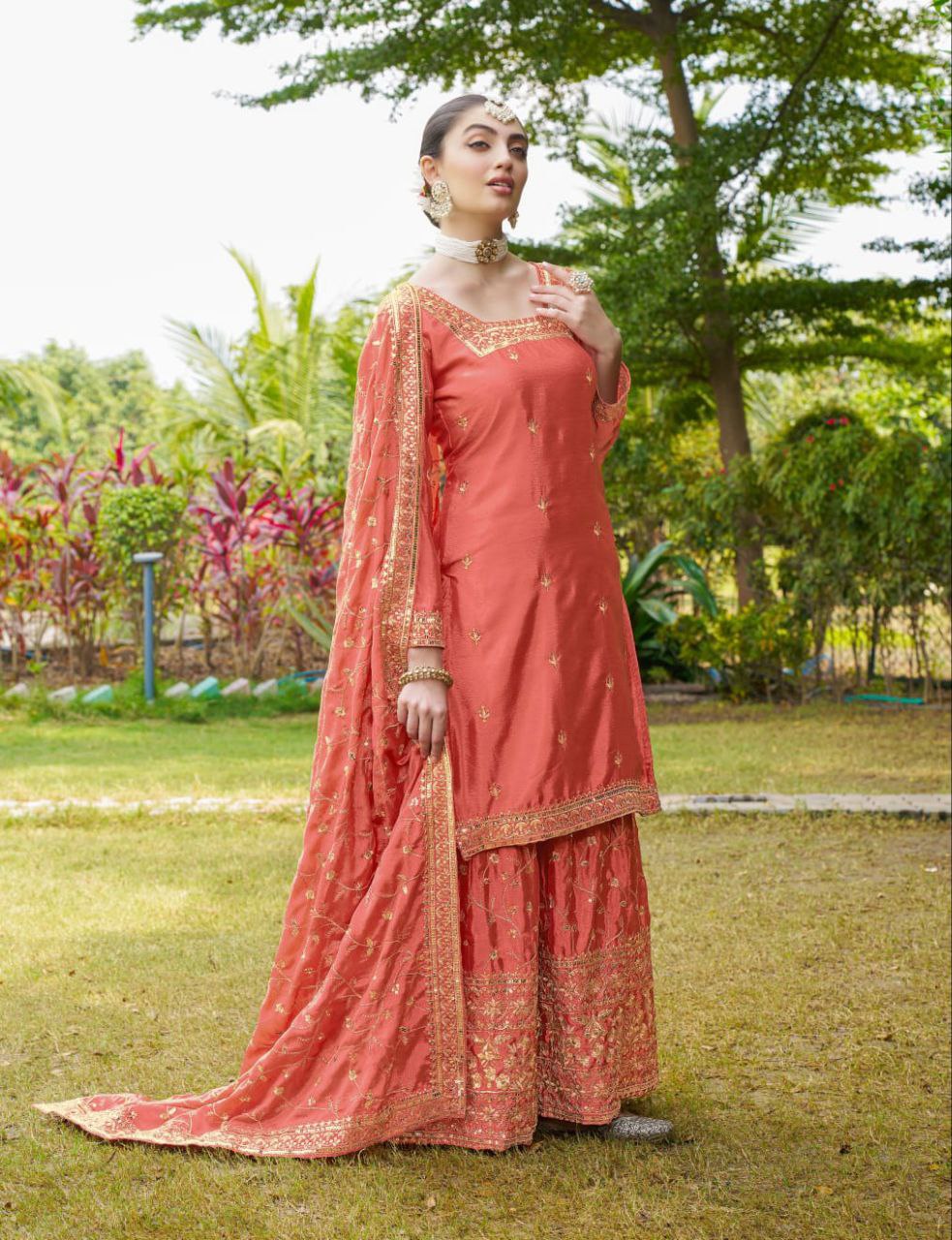 Designer Chinon Embroidered Suit Set | Festive Ethnic Wear Drape Dress