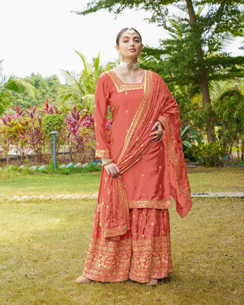 Designer Chinon Embroidered Suit Set | Festive Ethnic Wear Drape Dress