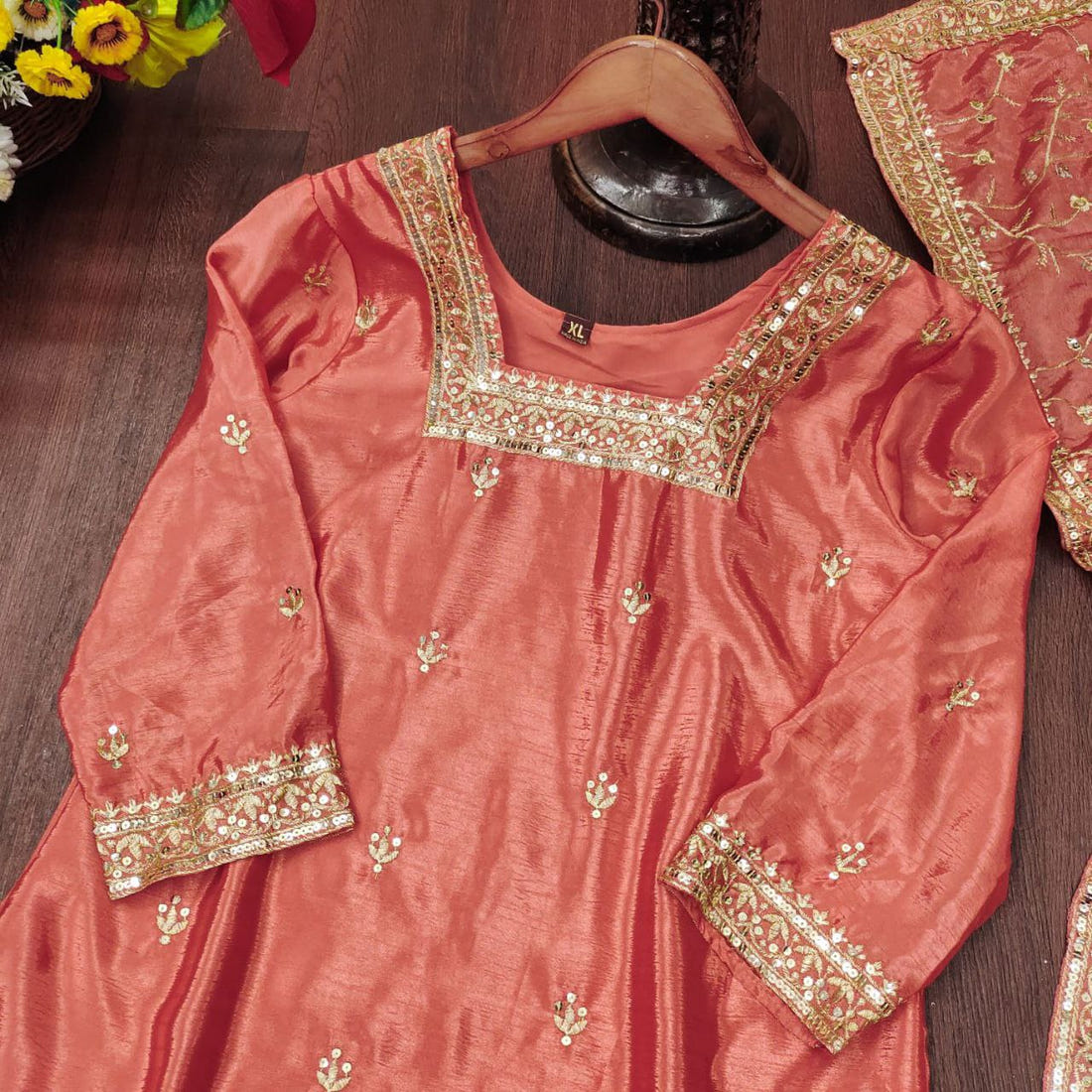 Designer Chinon Embroidered Suit Set | Festive Ethnic Wear Drape Dress