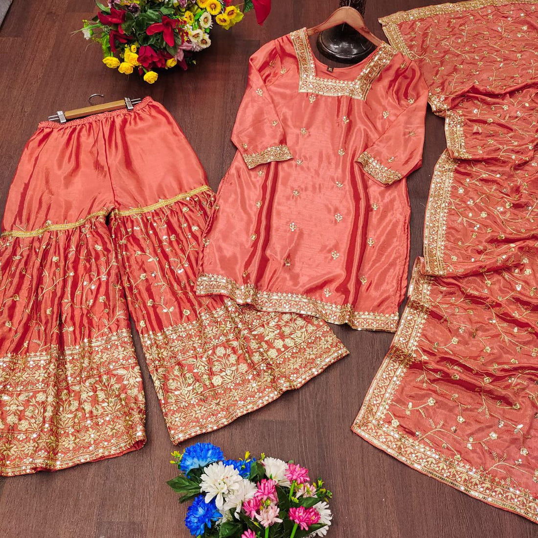 Designer Chinon Embroidered Suit Set | Festive Ethnic Wear Drape Dress